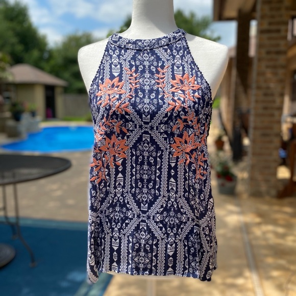 Xhilaration Navy/White with Coral Embroidery Top Size XXL (Juniors) - Picture 3 of 12
